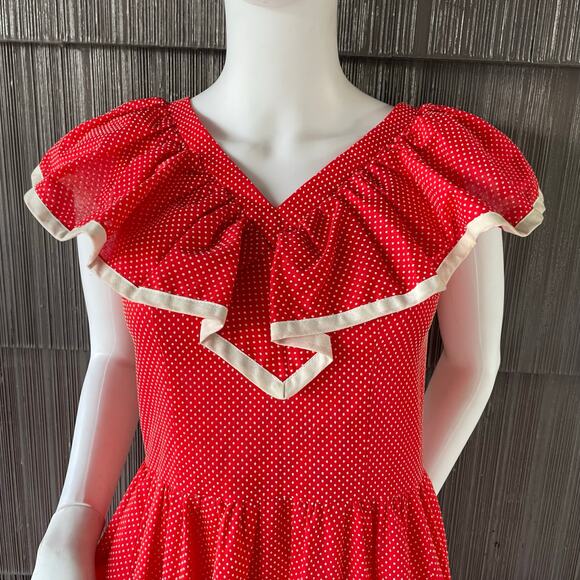 🔥Vintage 80s Swiss Polkadots Striped Ruffled Overlay Full Skirt Dopamine Dress - Picture 4 of 17